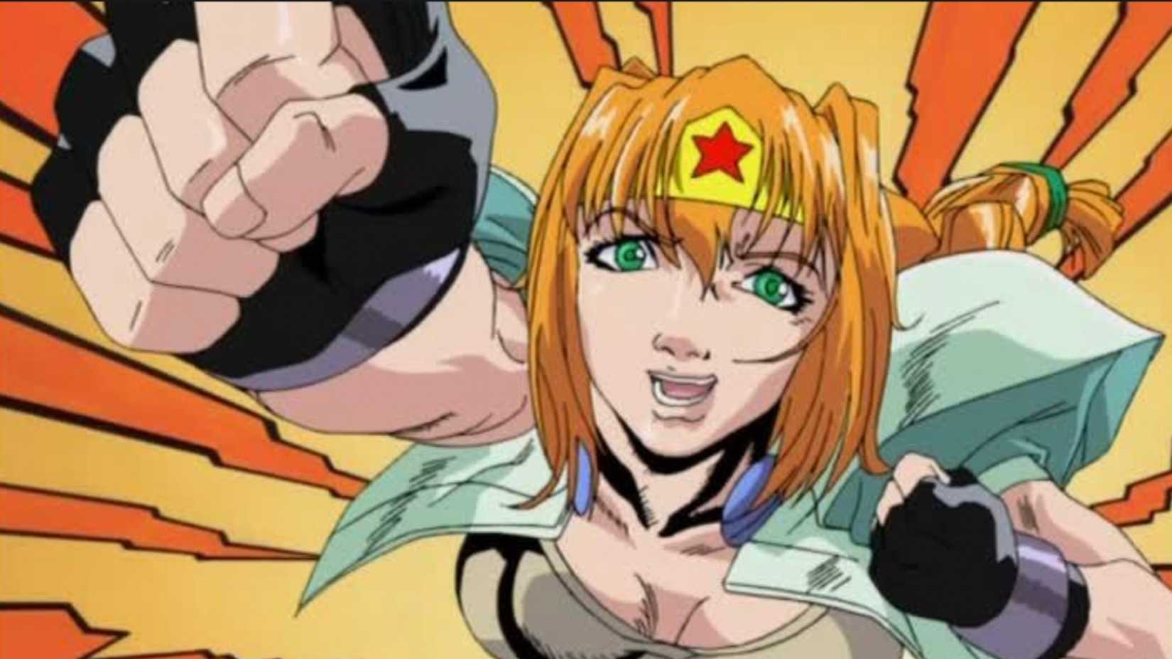 Excel, with an Americanized character design, celebrates in Excel Saga.