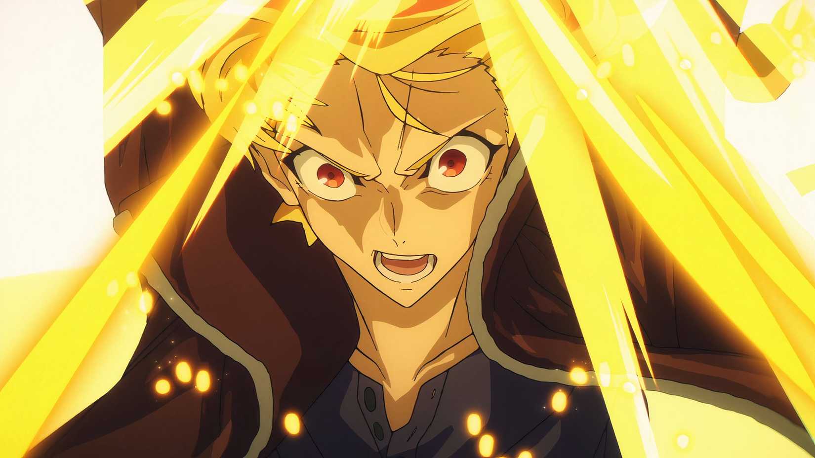 Fate Strange Fake Episode 6 Saber utilisant Excalibur en gros plan avec une lumière dorée