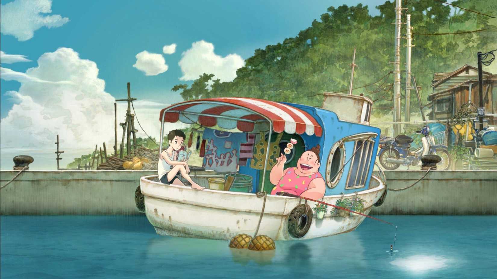 Fortune Favors Lady Nikuko anime movie visual with Kikuko and Nikuko on a boat
