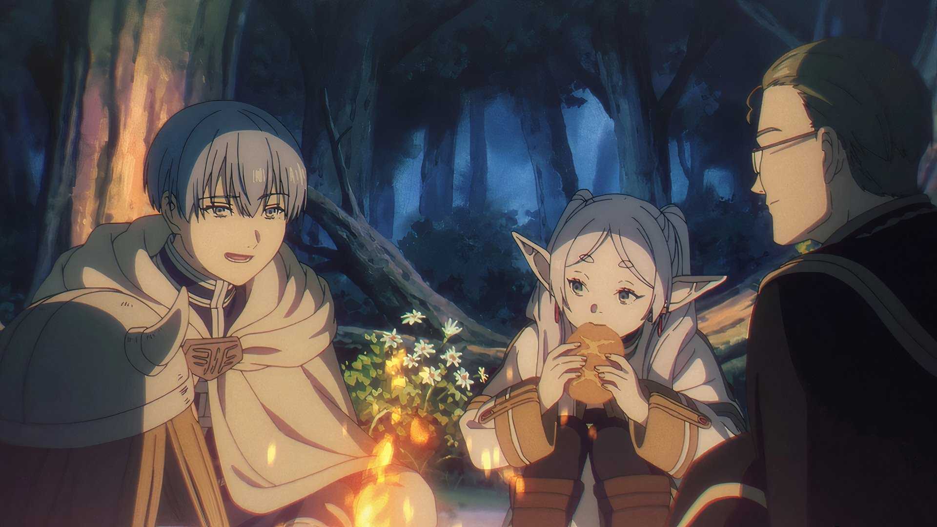 Frieren eats bread with Himmel's party around a campfire in Frieren: Beyond Journey's End.