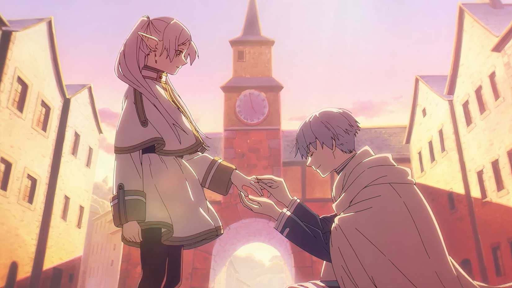 Frieren Beyond Journey's End Season 1 Himmel kneels to put a ring on Frieren's finger in front of a clock tower