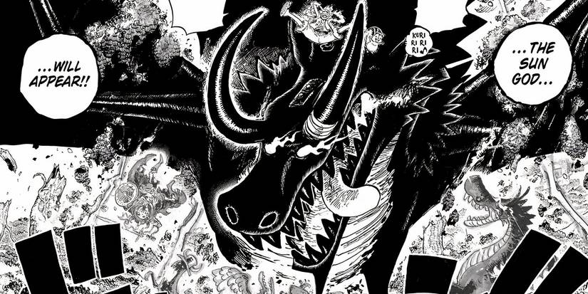 Gear 5 Luffy chevauche la forme du fruit du diable de Loki dans le chapitre 1174 de One Piece.