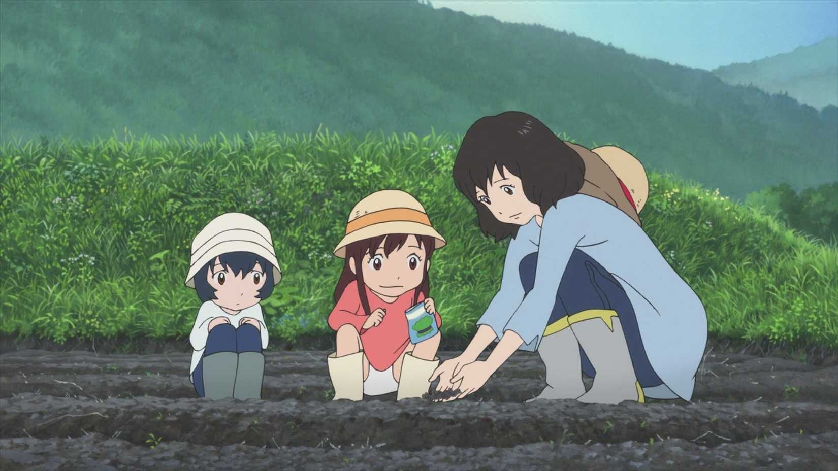 Hana shows Ame and Yuki how to farm in Wolf Children.