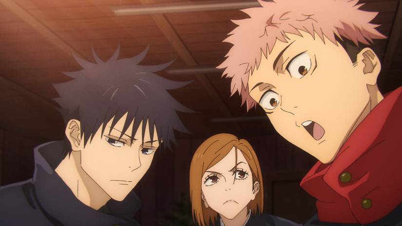 Jujutsu Kaisen's Megumi, Nobara, and Yuji look at something with varying expressions