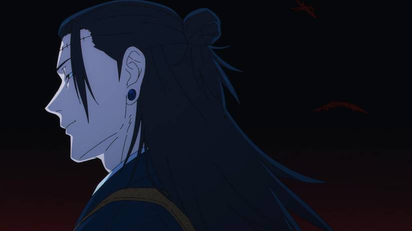 Kenjaku, avec un petit sourire sur le visage, marchant avec Sasaki dans Jujutsu Kaisen Saison 3, Épisode 7.