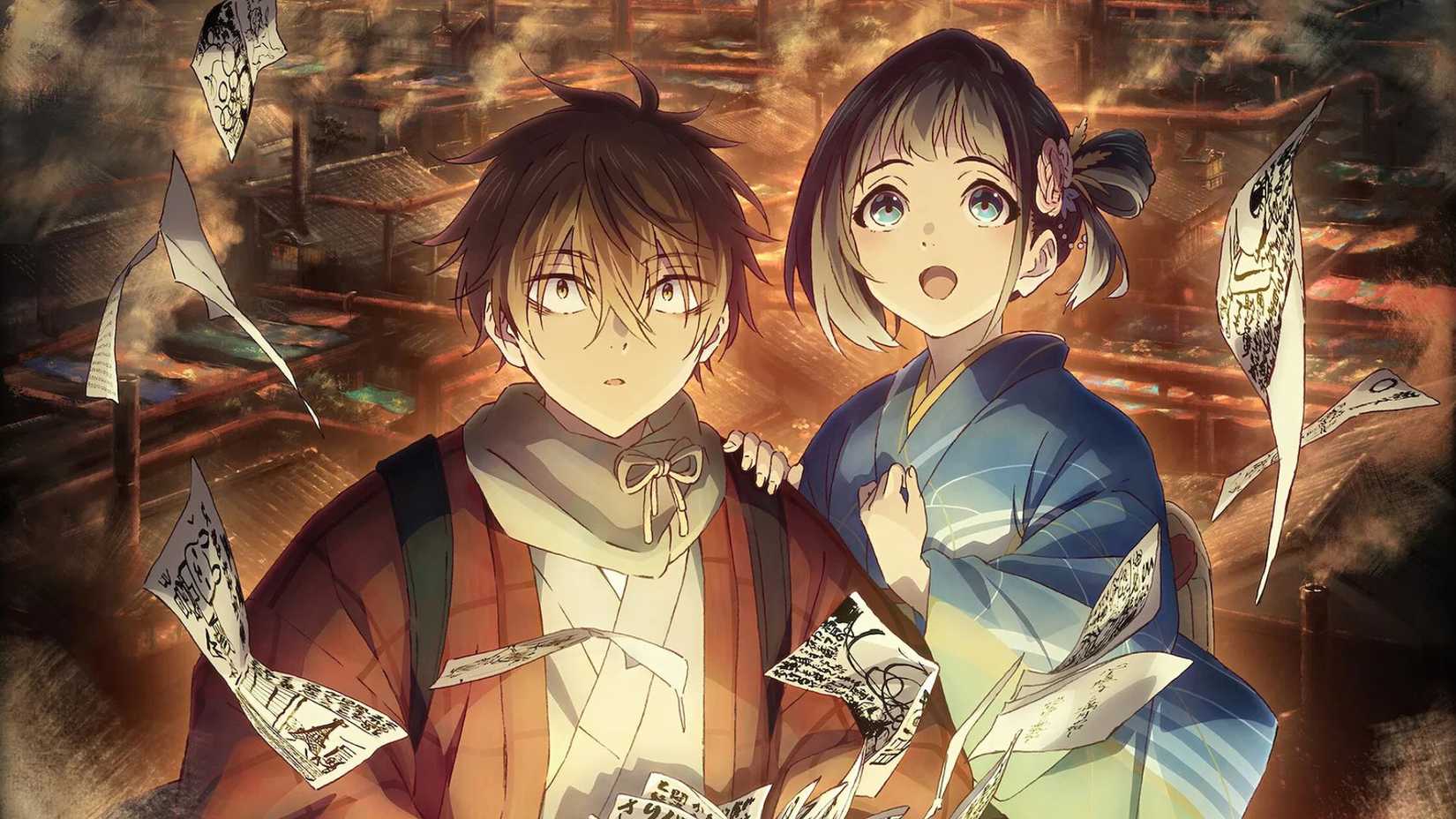 Kihachi and Inako in Sparks of Tomorrow anime surrounded by flying papers