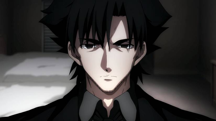Kiritsugu Emiya, le protagoniste de Fate/Zero, avec des yeux cagoulés et un air vide sur le visage dans la série animée.