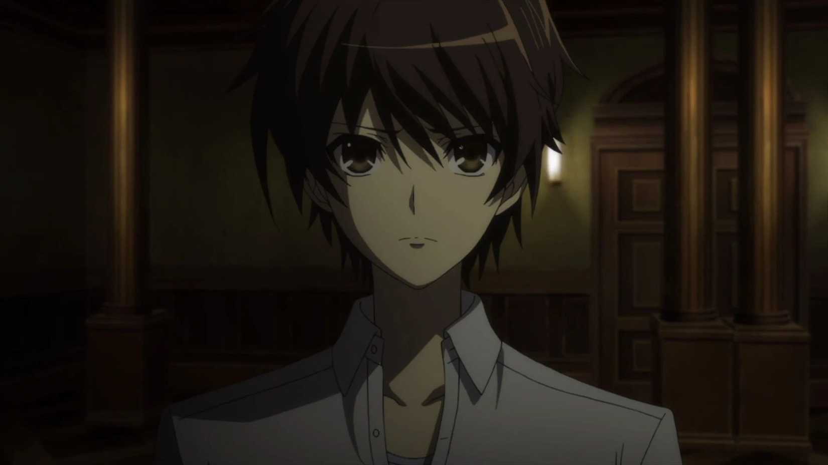 Koichi stares intently in a dark room in Another anime