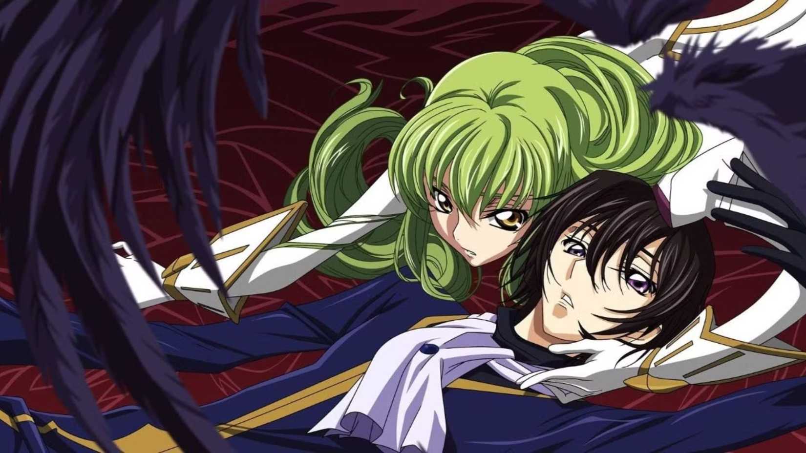 Code Geass C.C. crouches protectively over Lelouch