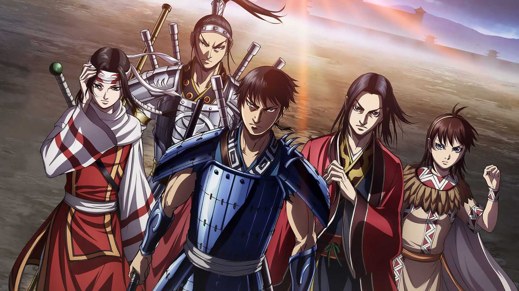 Main visual of Kingdom anime with Fei Xin and his allies behind him, including Ka Ryo Ten, Kyou Kai, Ying Zheng