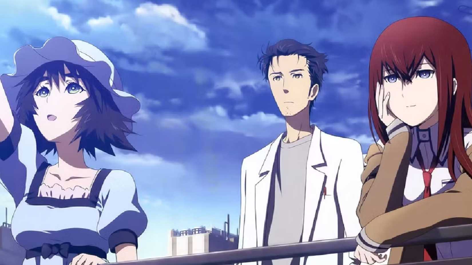 Mayuri Shiina, Rintaro Okabe, and Kurisu Makise look out at the blue sky in Steins;Gate.