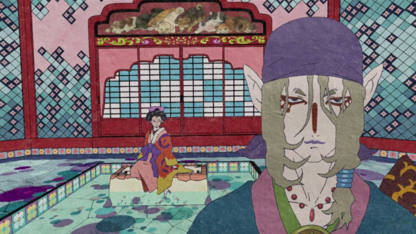 Le vendeur de médicaments se tient dans une pièce colorée avec une femme qui regarde à Mononoke.