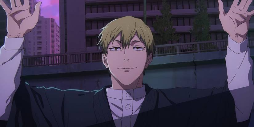 Naoya Zenin sourit timidement avec ses mains en l'air comme s'il se rendait dans la saison 3 de Jujutsu Kaisen