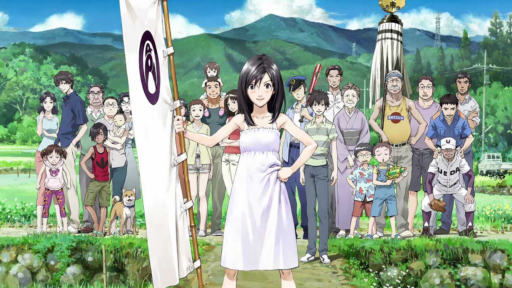 Natsuki stands in front of her village and Jinnouchi family in Summer Wars.