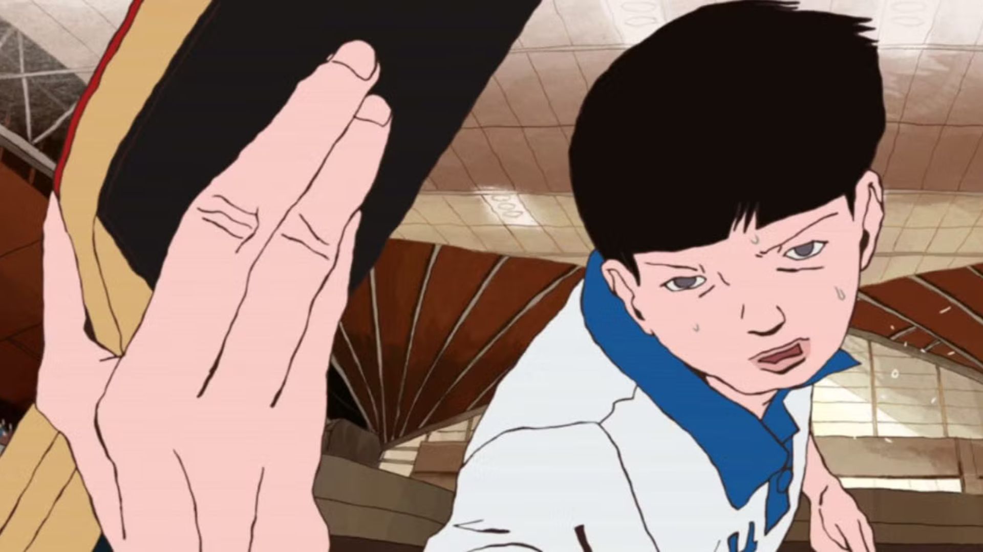Peco swings a ping pong paddle in Ping Pong The Animation.