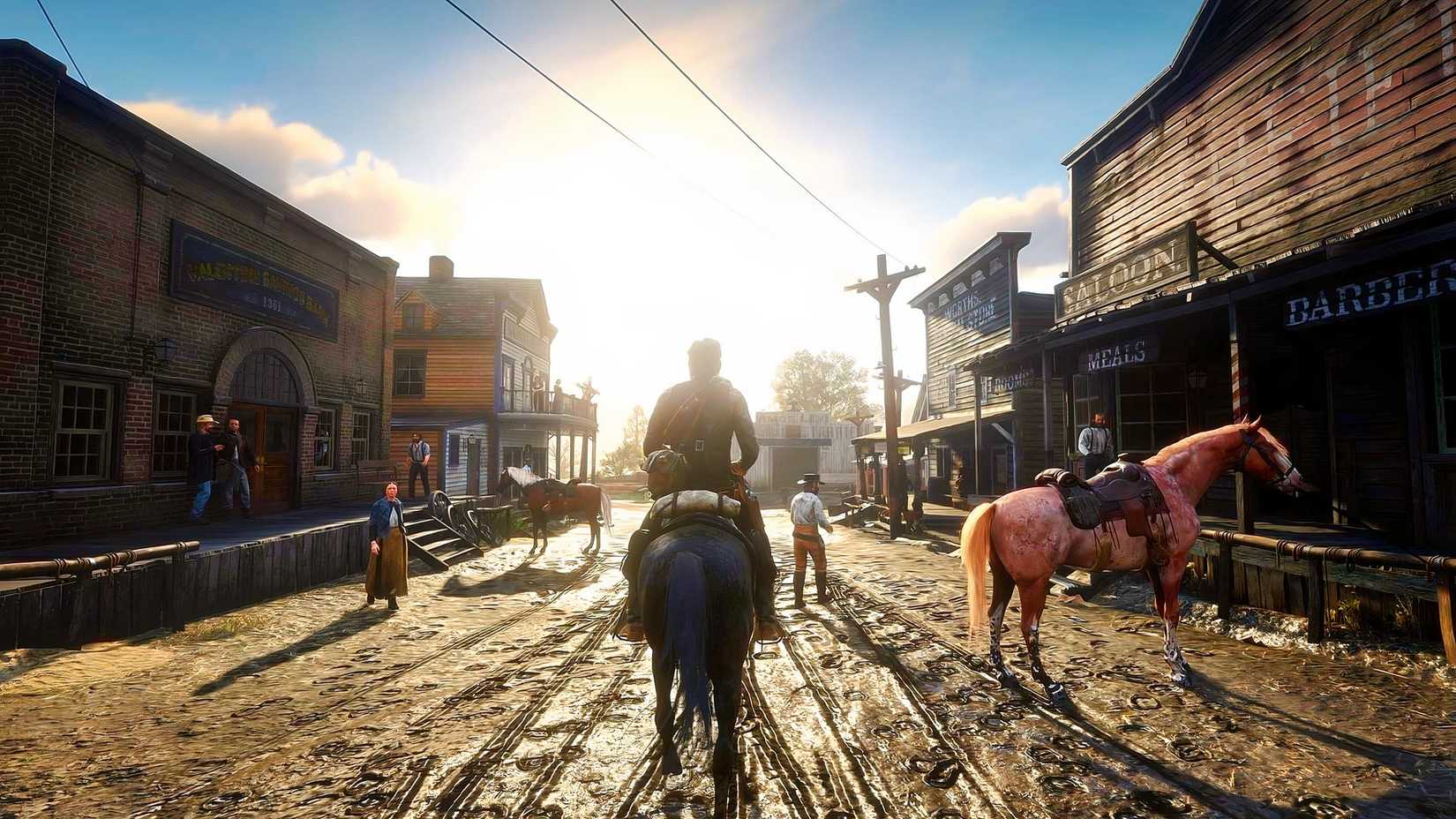 Red Dead REdemption 2 screenshot showing Arthur on a horse riding through a mostly empty Western town
