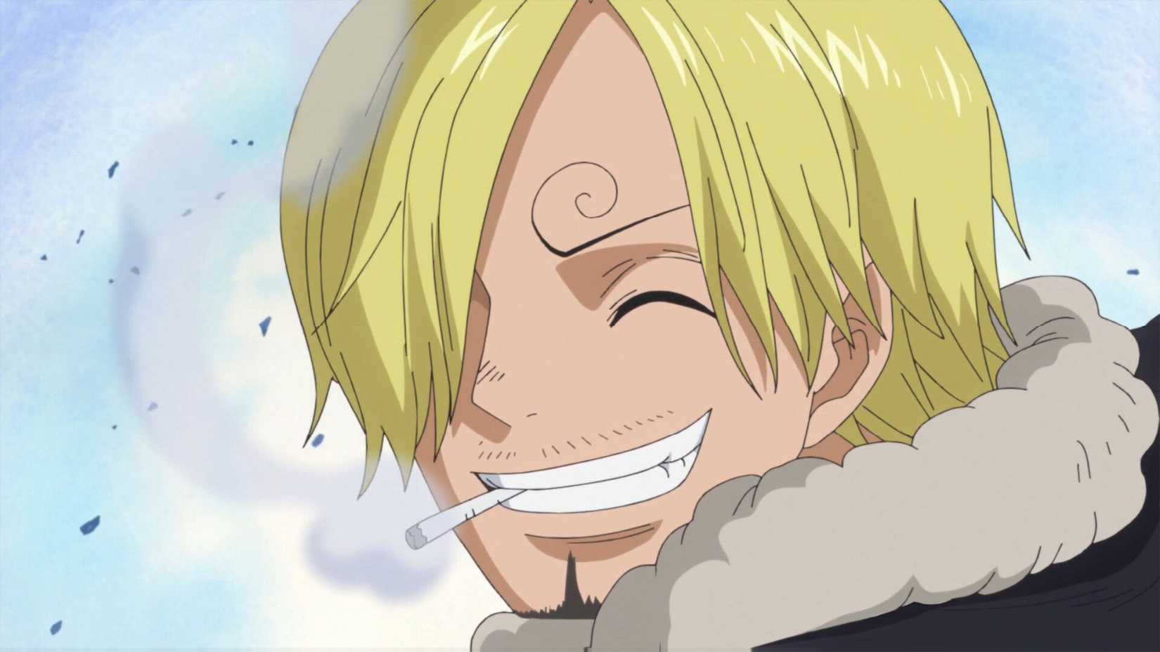 Sanji smokes a cigarette with a pleasant smile in One Piece