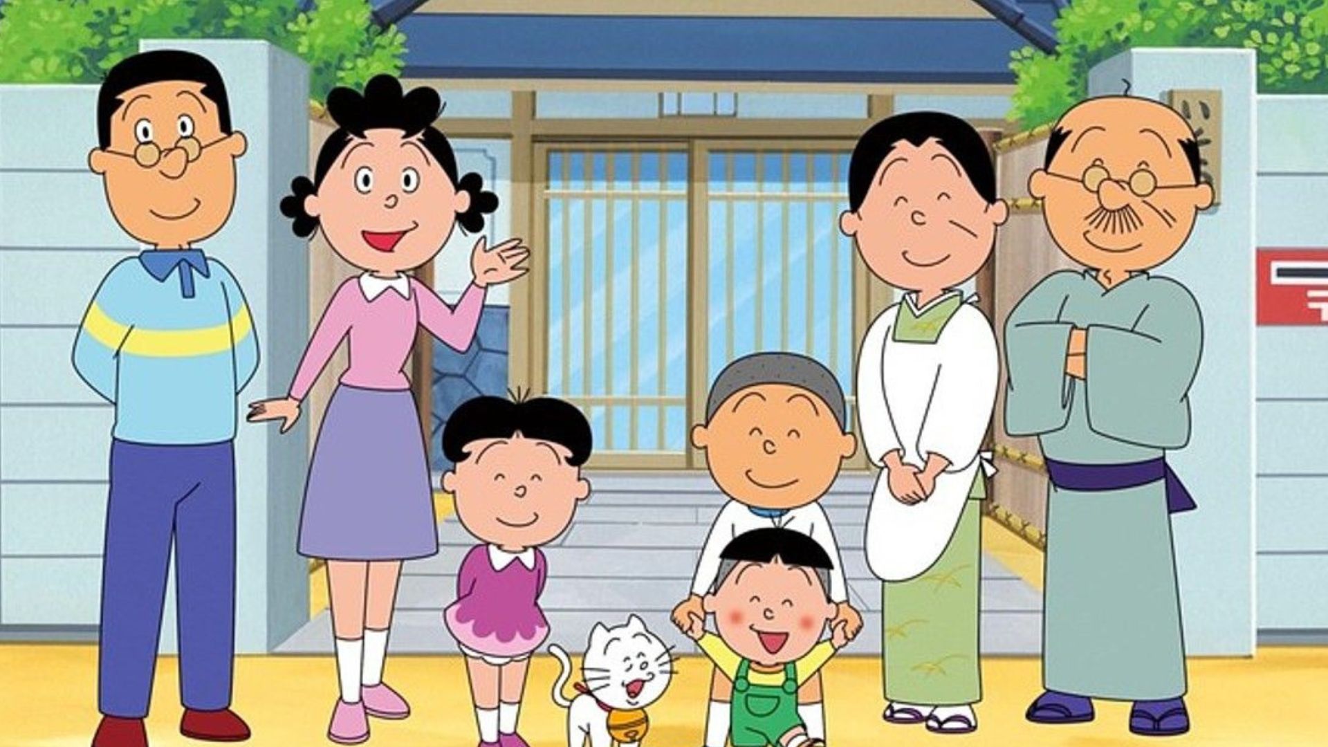 Sazae, her husband, kids and parents standing outside their home in Sazae-san anime
