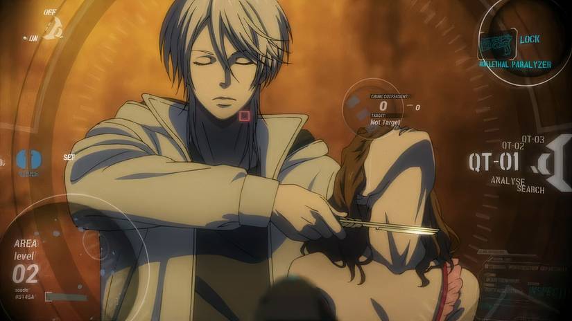 Shogo Makishima holds a knife to Yuki Funahara's throat in Season 1, Episode 11 of Psycho-Pass