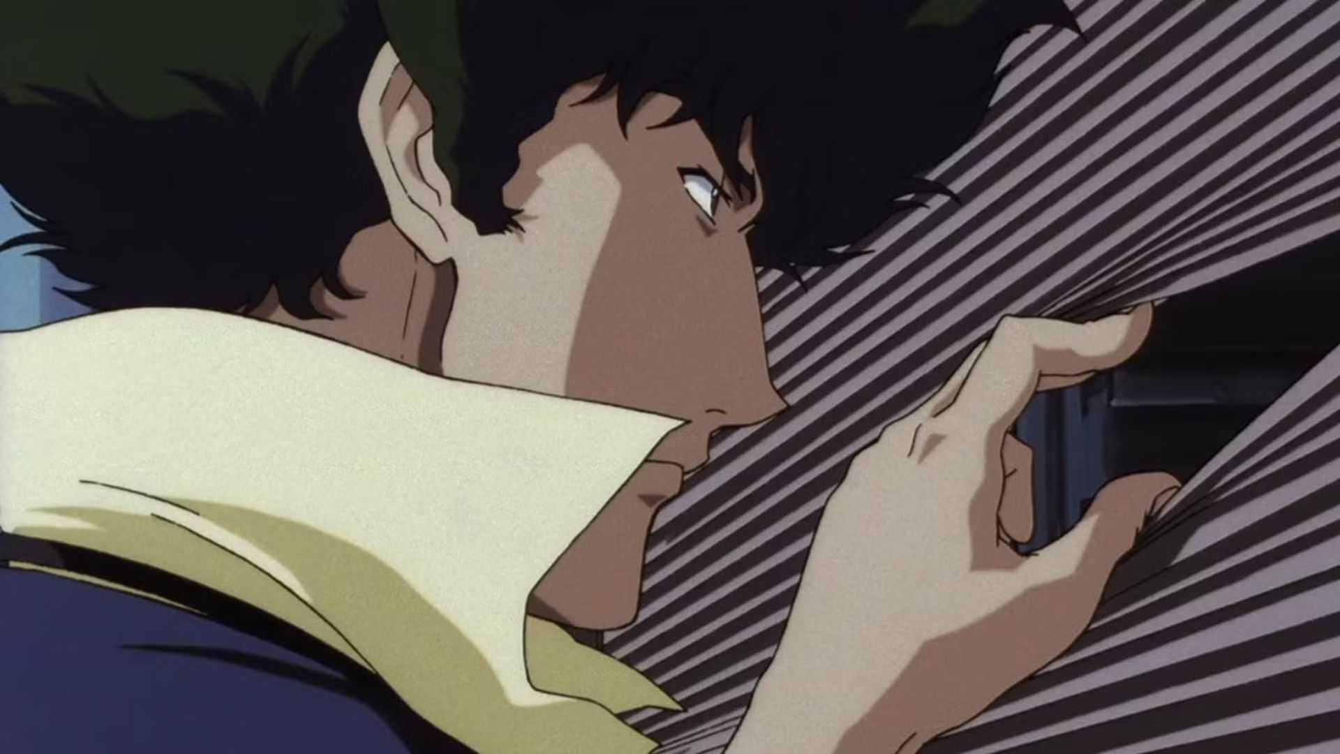 Spike Spiegel peers through window blinds in Cowboy Bebop.