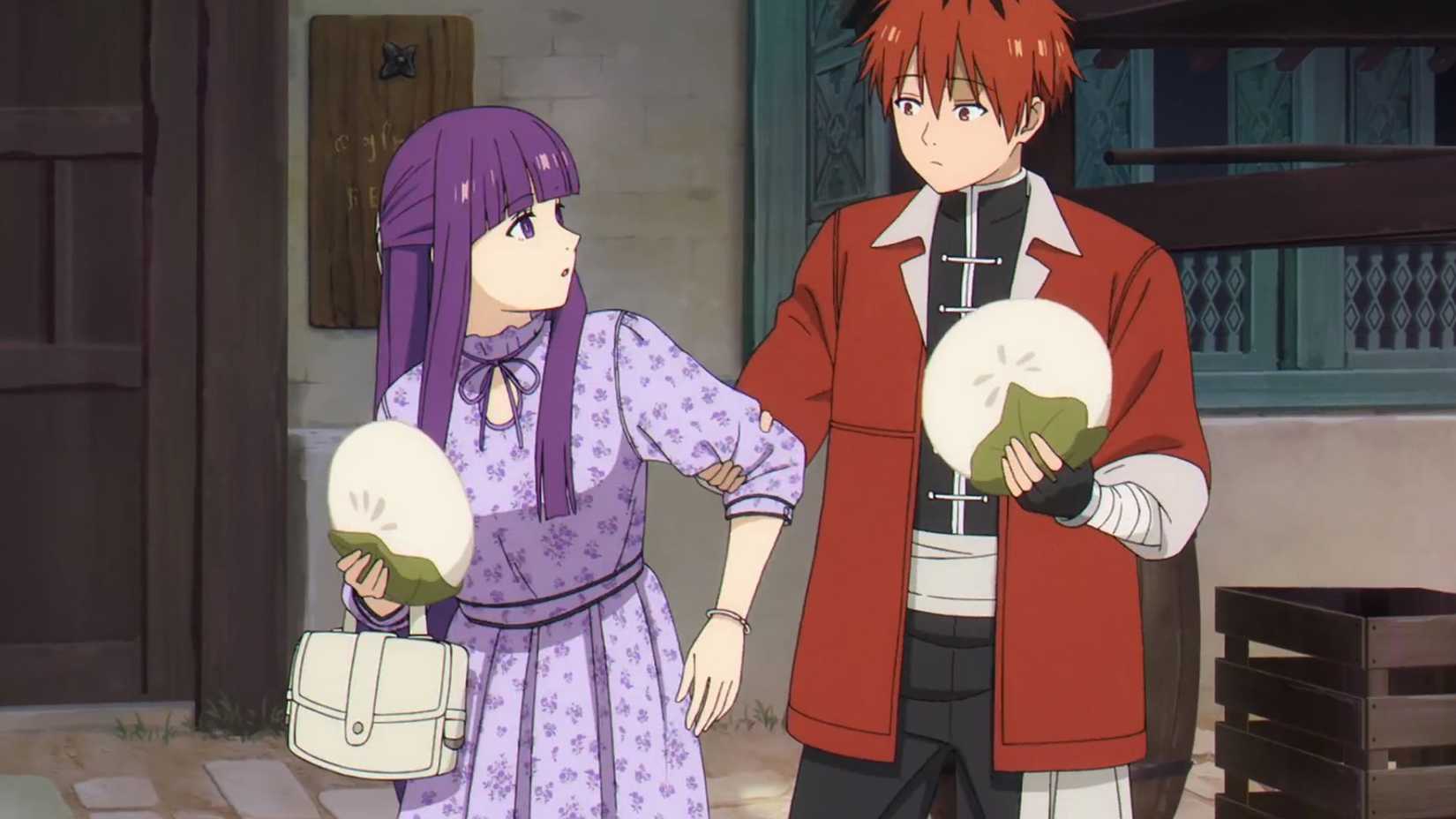 Stark saves Fern from falling while the two hold giant dumplings in Frieren Beyond Journey's End season 2 episode 4