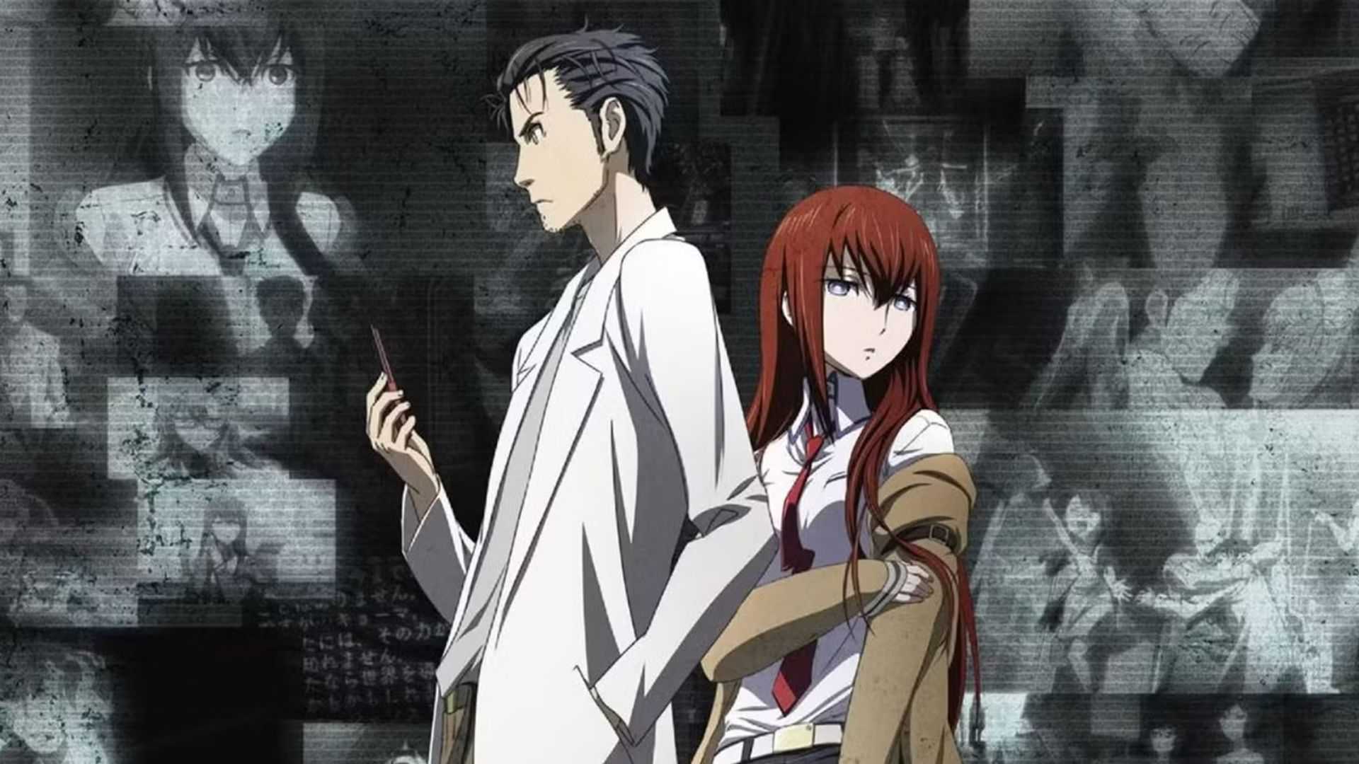 Steins;Gate Okabe and Kurisu stand in front of multiple screens.