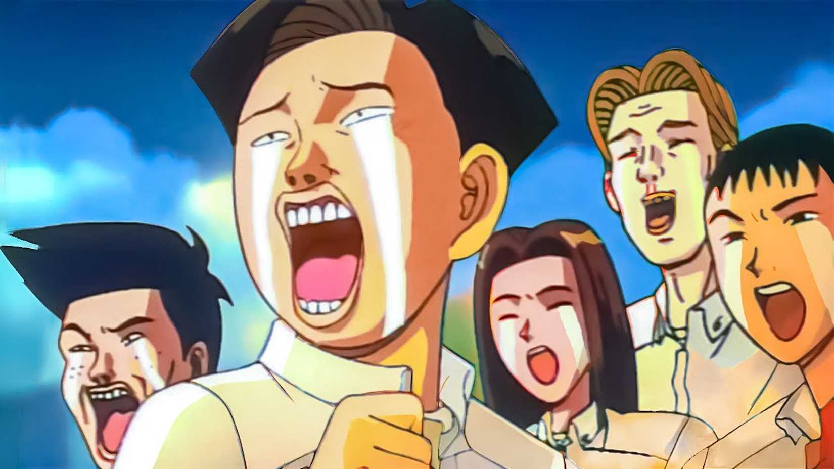 The members of the ping-pong club all sobbing in The Ping Pong Club.