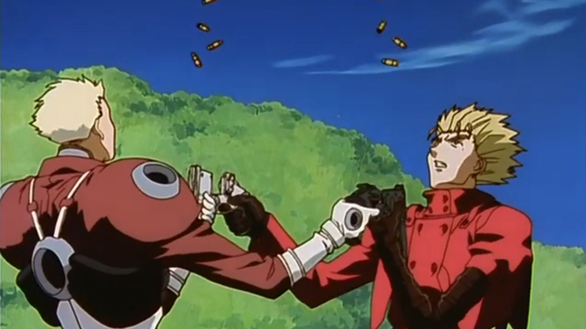 Millions Knives and Vash the Stampede simultaneously reloading their guns in Trigun.