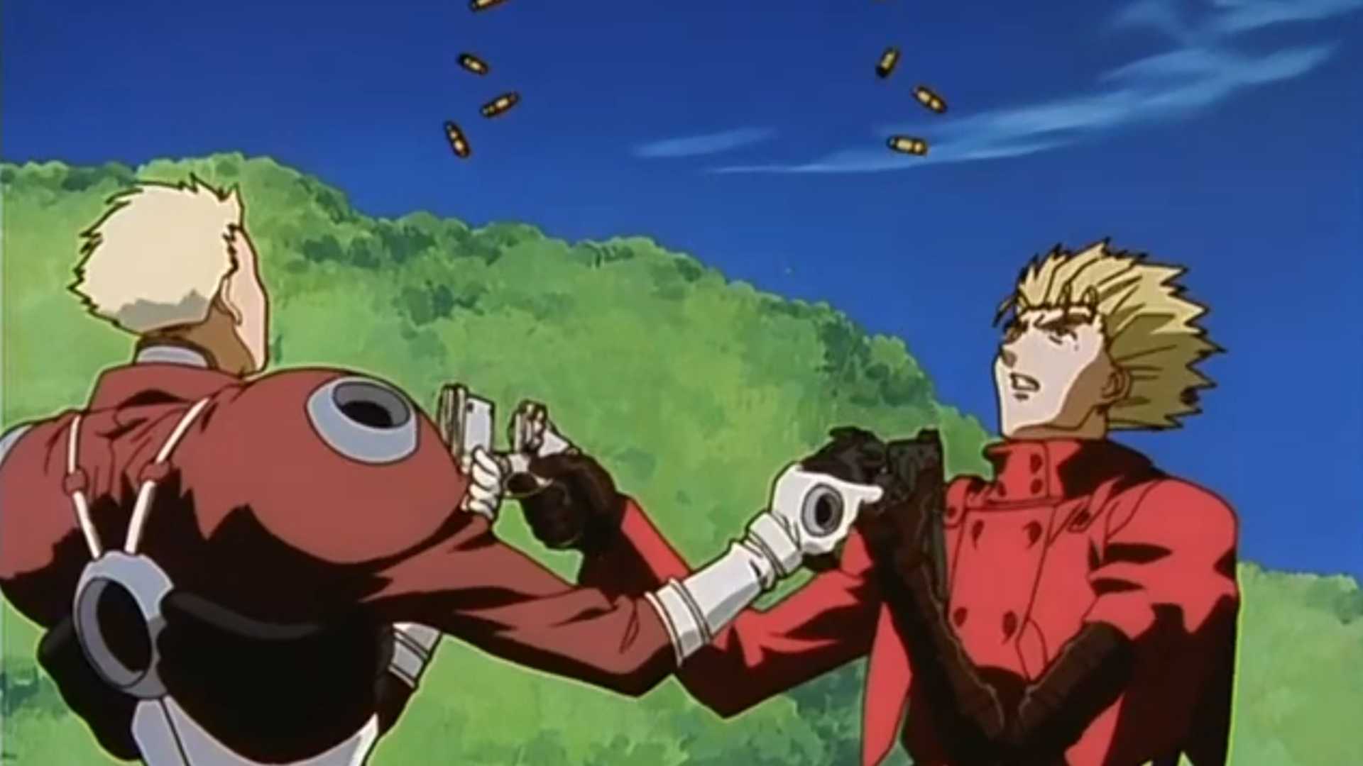 Millions Knives and Vash the Stampede simultaneously reloading their guns in Trigun.