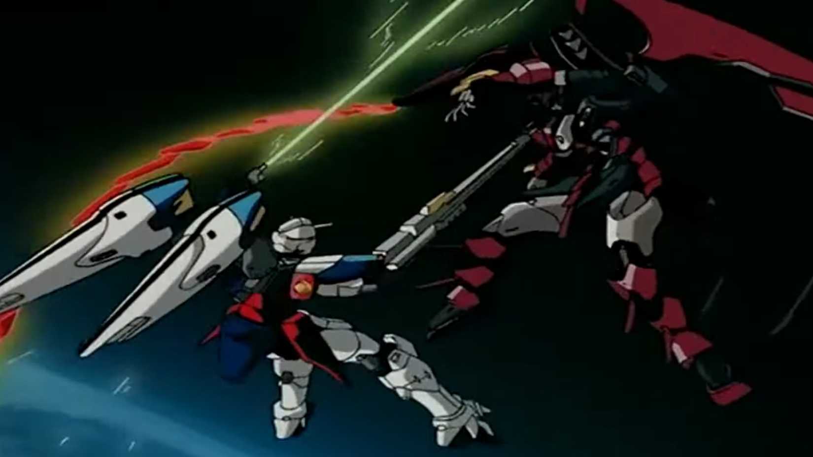 Wing Gundam Zero battles Epyon Gundam in space in Mobile Suit Gundam Wing.