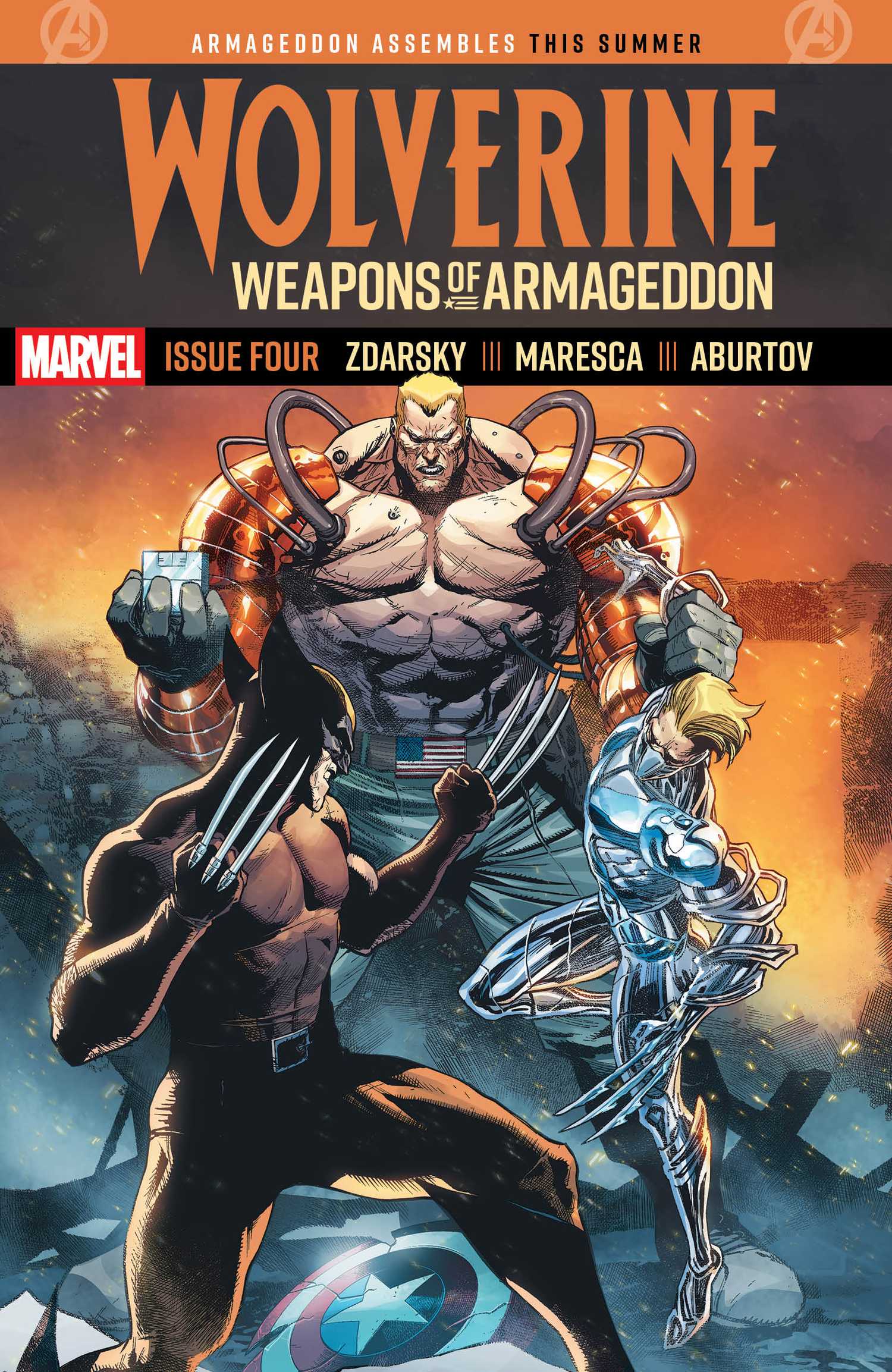Wolverine and a new Weapon X face off against a supercharged Nuke on cover of Wolverine: Weapons of Armageddon #4