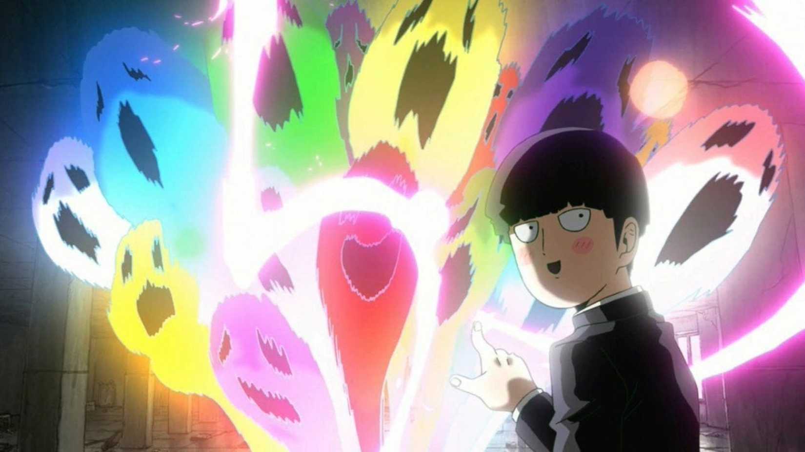 Shigeo Kageyama pointing at a mob of spirits in Mob Psycho 100.
