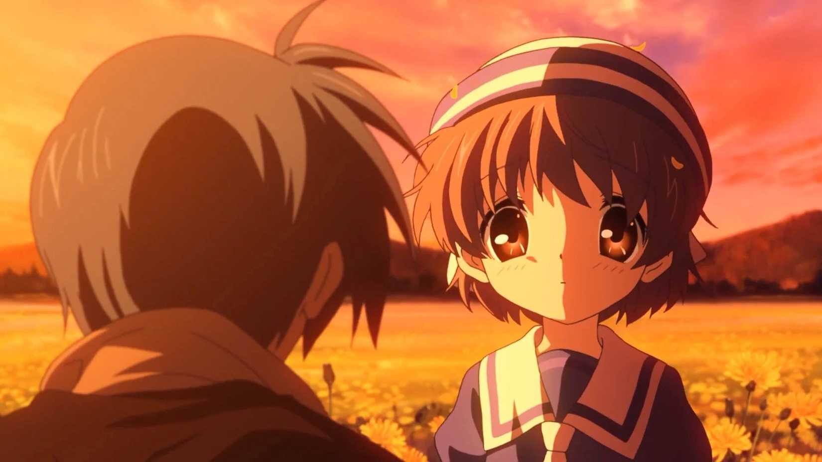 La fille de Tomoya le regarde dans un champ dans Clannad : After Story.