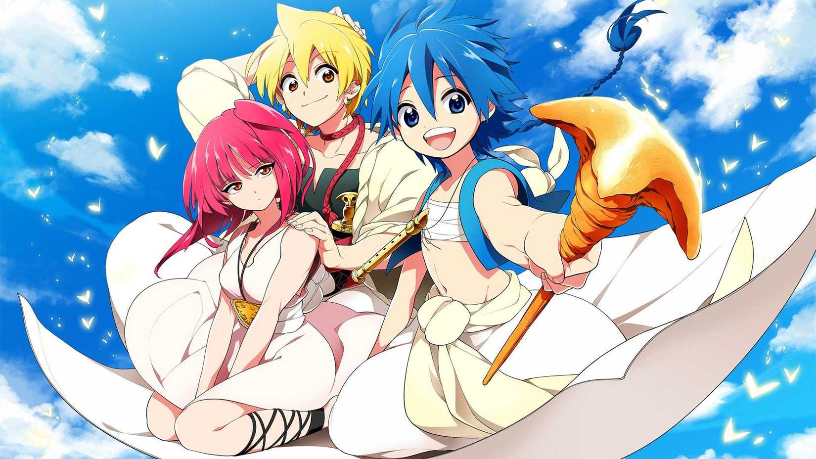Aladdin, Alibaba et Morgiana assis sur un tapis magique et souriant dans Magi Le Labyrinthe de la Magie