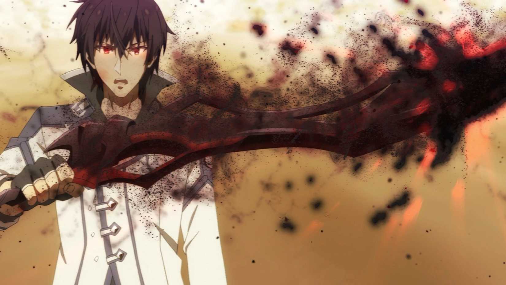 Anos Voldigoad tient une épée brillante d'énergie sombre dans The Misfit of Demon King Academy