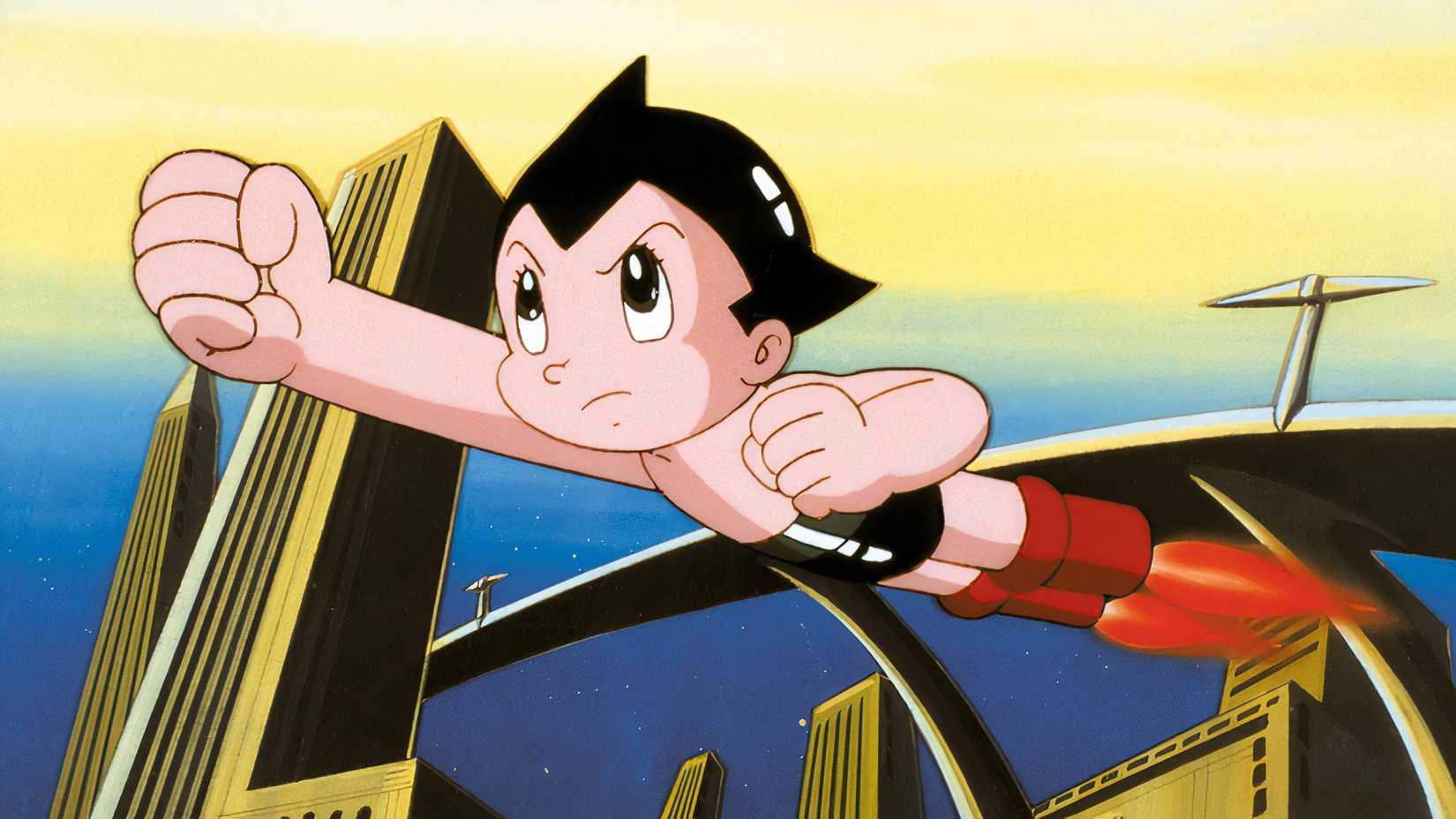 Astro Boy vole avec ses pieds de fusée dans Astro Boy (1963)