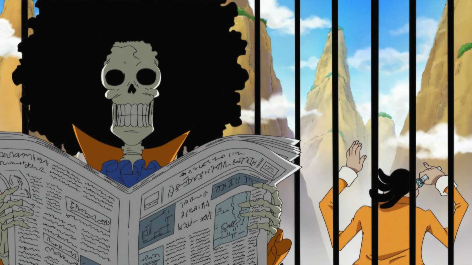 Brook reading newspaper from behind bars in One Piece