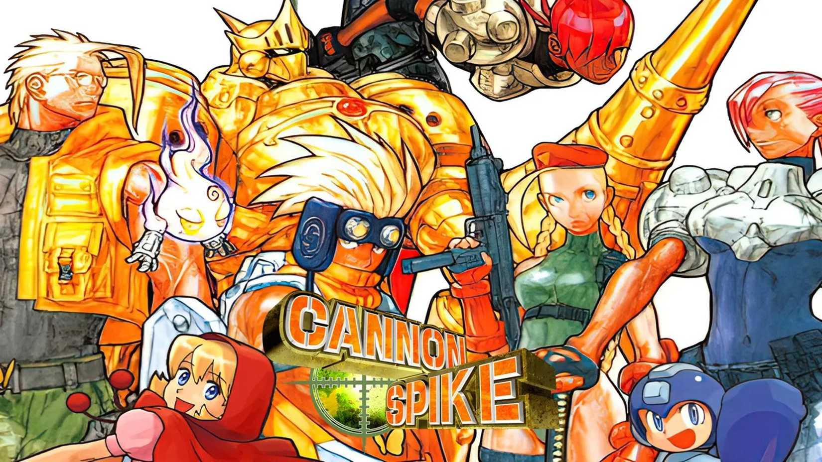Cannon Spike (2000) gameplay screenshot showing many of Capcom's most popular characters including Mega Man, Cammy, and Captain Commando
