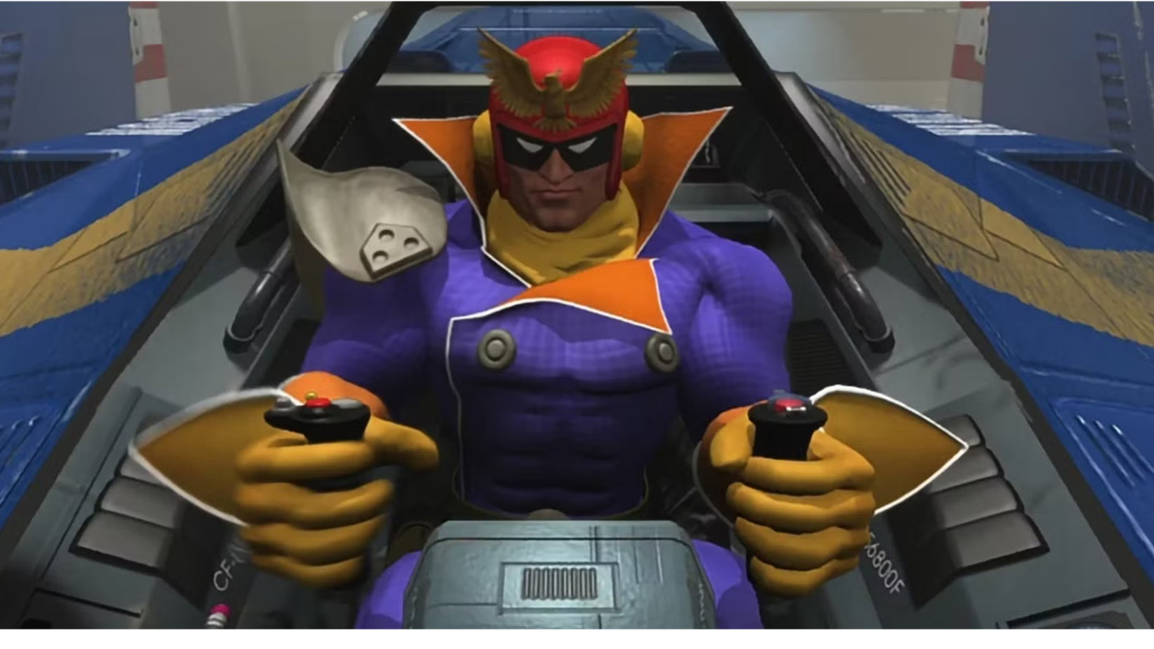 Captain Falcon looking serious as he grabs the controls of his racer and gets ready to start piloting in F-Zero