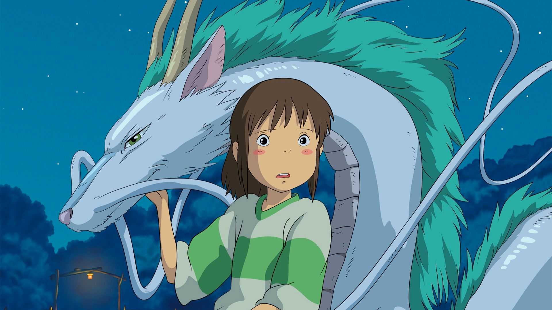 Chihiro and Haku in his dragon form in the spirit world of Spirited Away