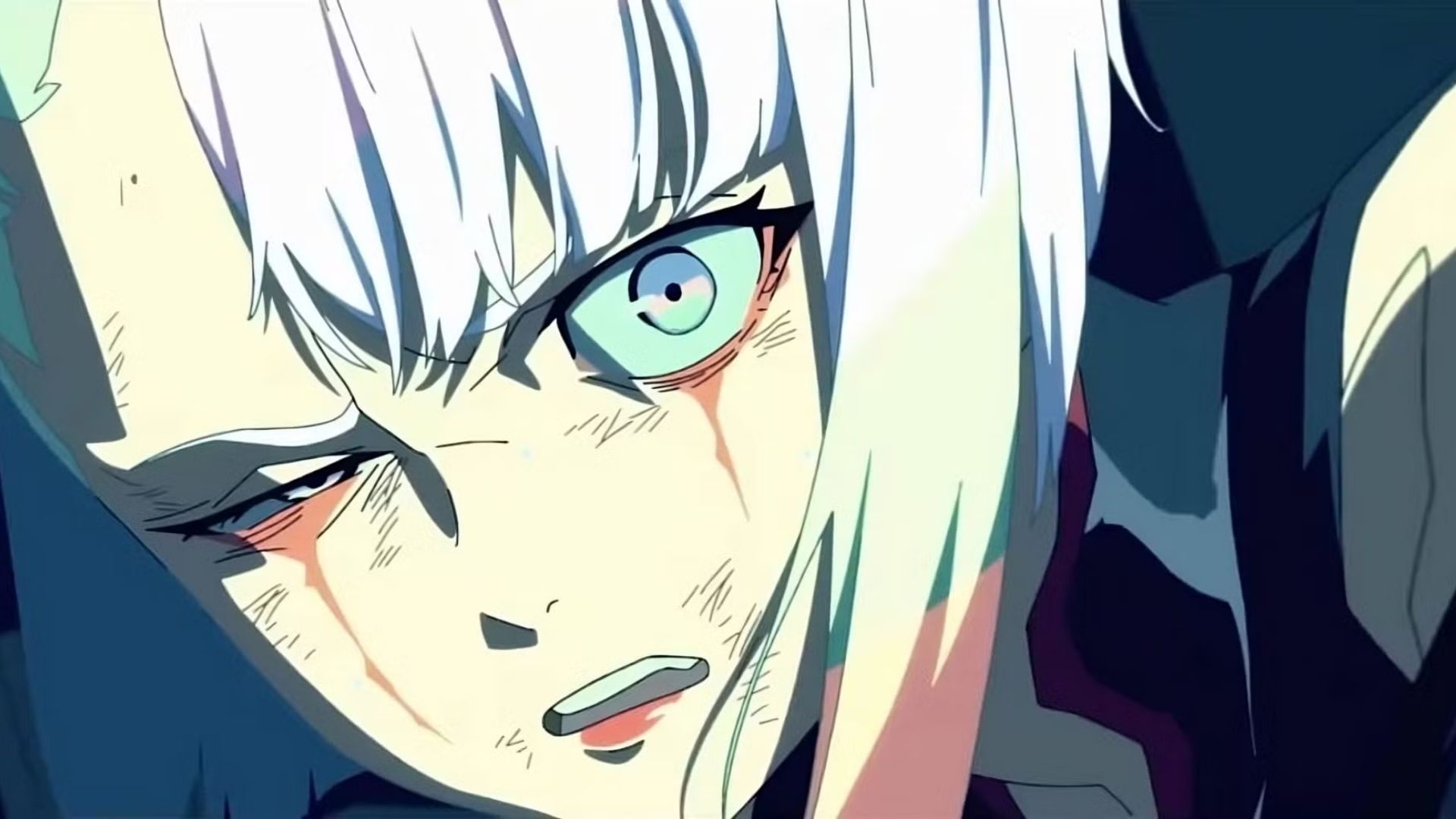 Lucy looks up in surprise with runny makeup in Cyberpunk: Edgerunners.