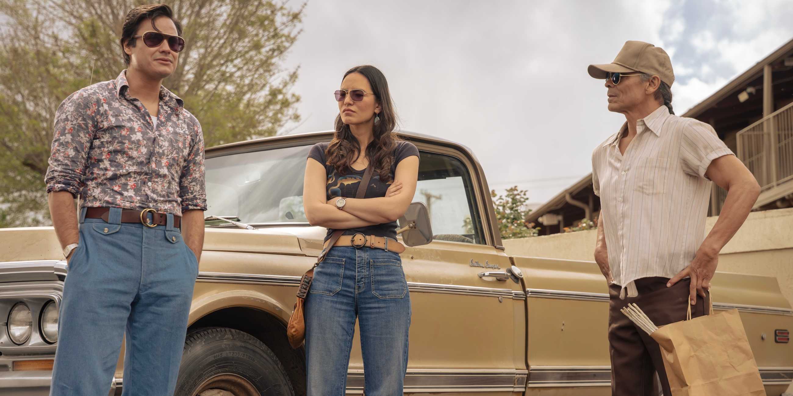 Jim Chee (Kiowa Gordon), Bernadette Manuelito (Jessica Matten) and Joe Leaphorn (Zahn McClarnon) on Dark Winds