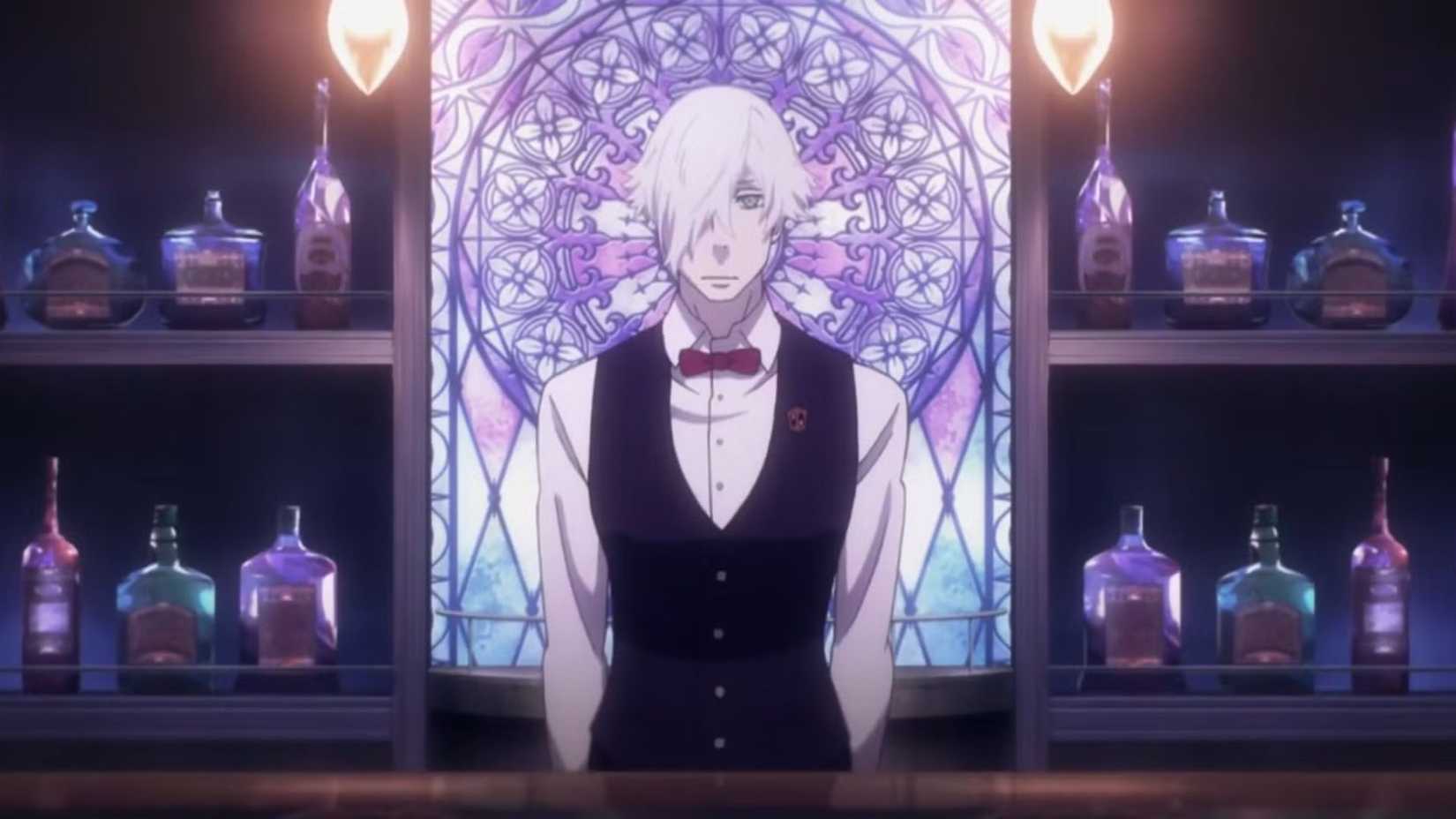 Decim stands behind the bar in Death Parade Episode 1.