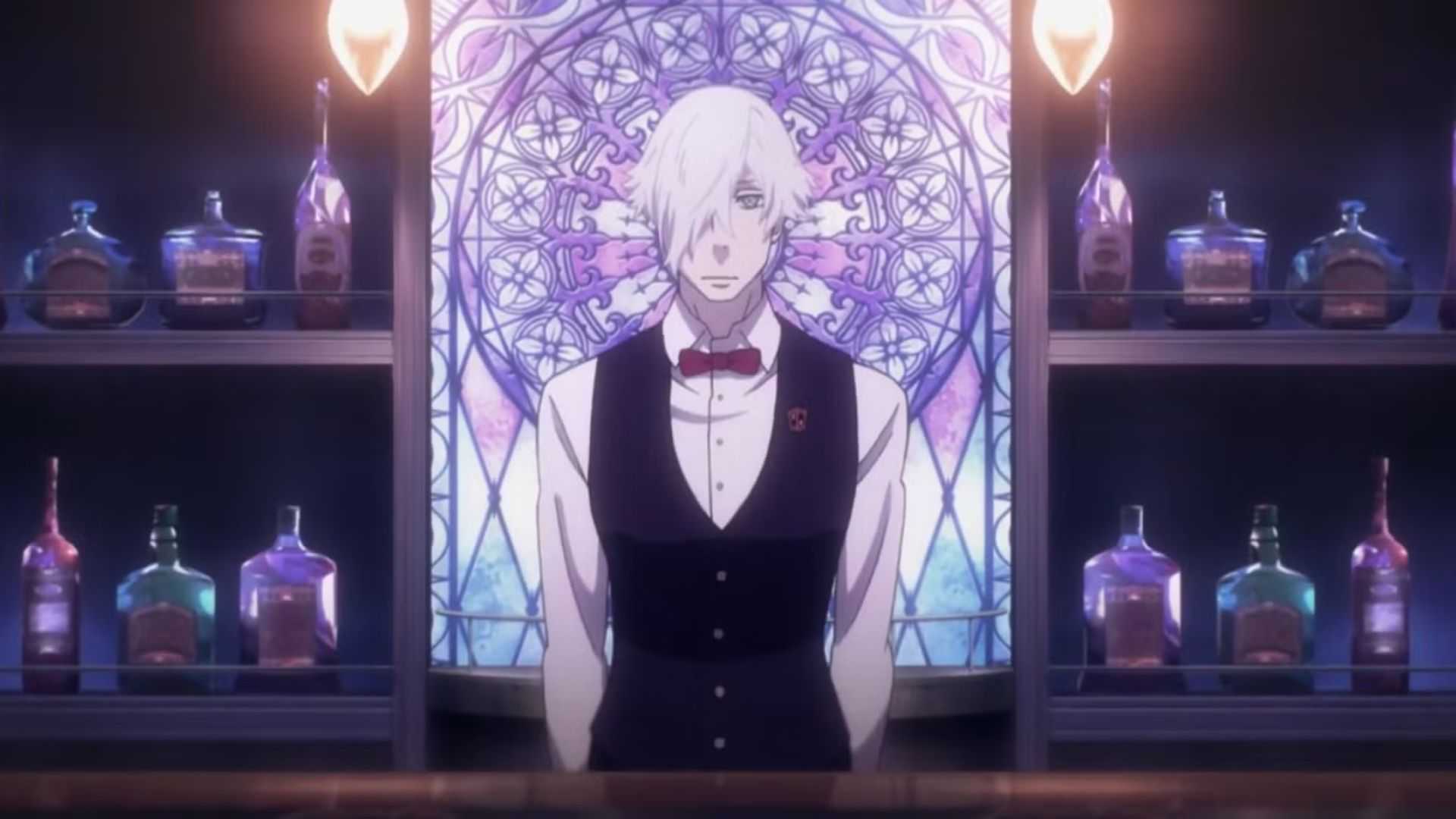 Decim stands behind the bar in Death Parade Episode 1.