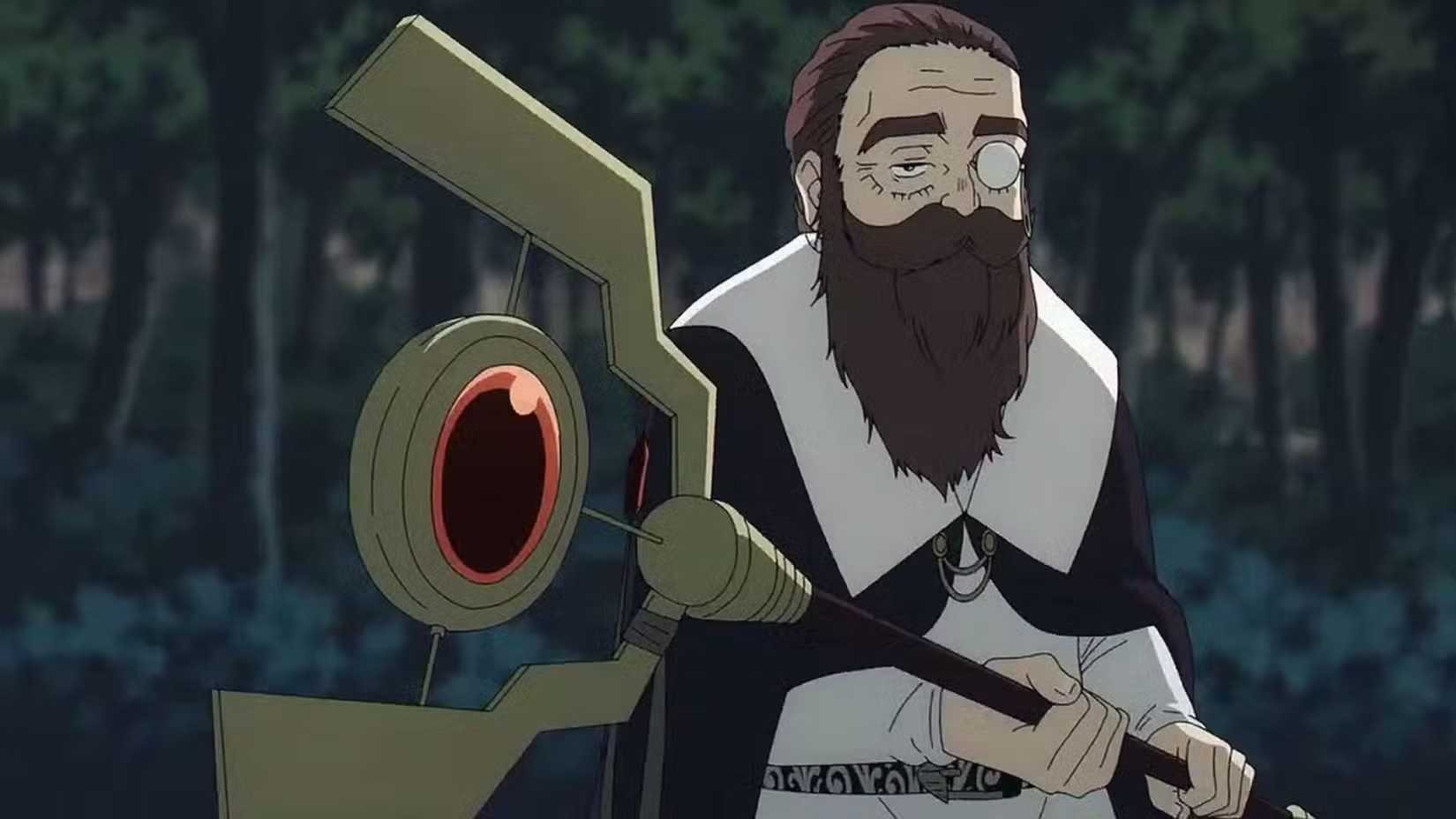 Denken holding his staff in order to attack in the forest in Frieren anime