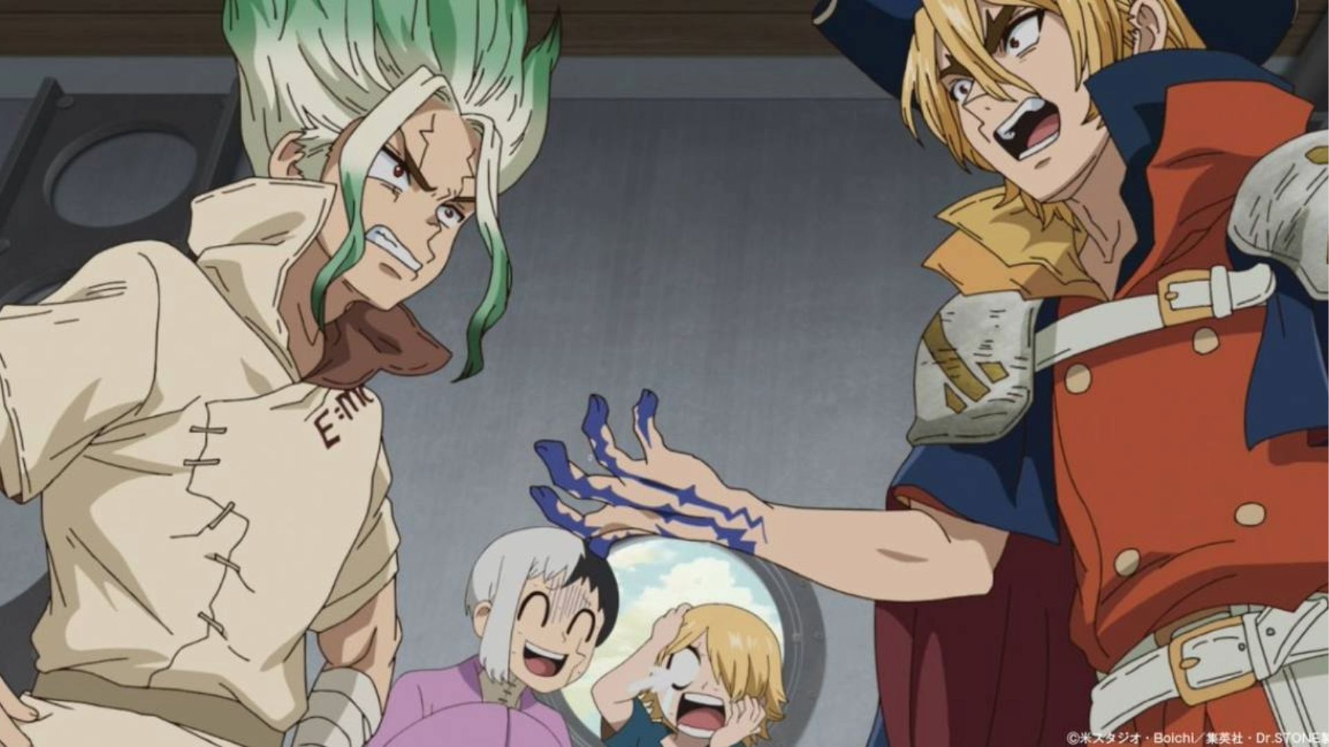 Senku Ishigami and Ryusui Nanami argue as their allies look on in Dr. Stone: Science Future