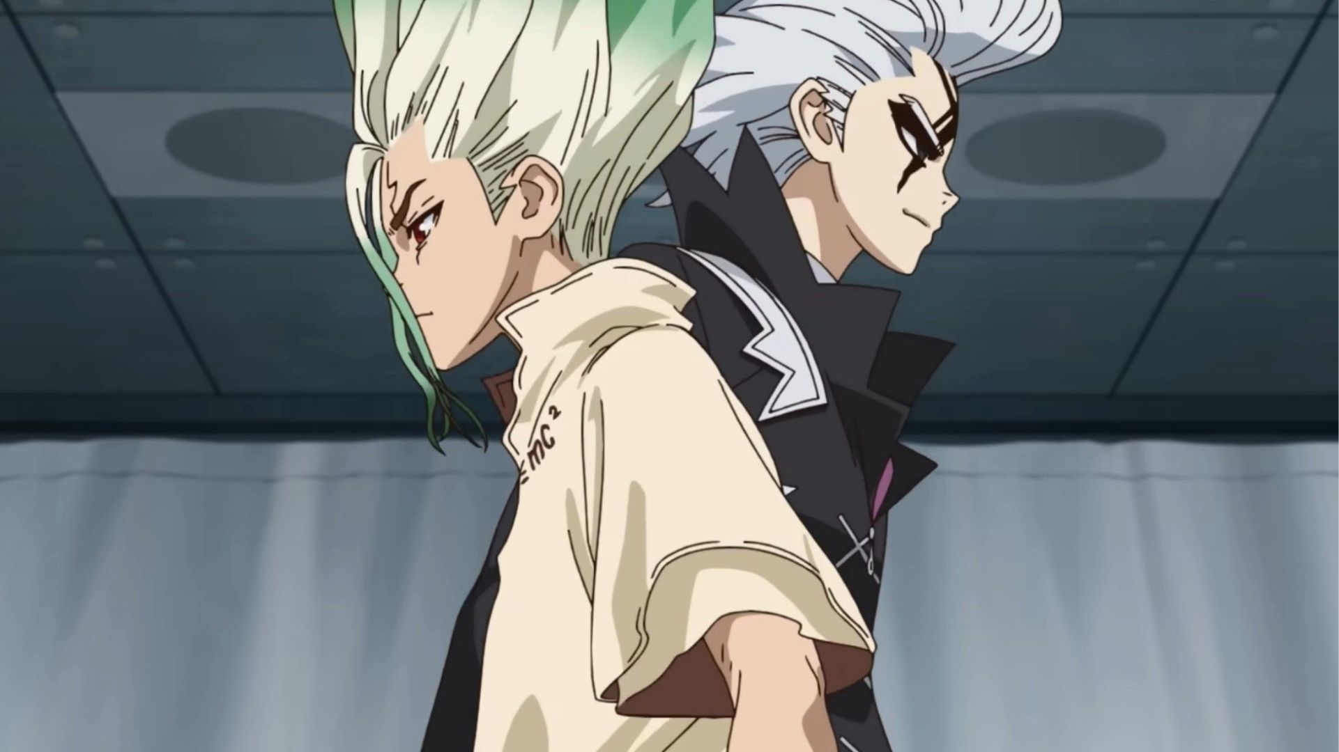 Senku Ishigami and Xeno H. Wingfield crossing paths in Dr. Stone: Science Future.
