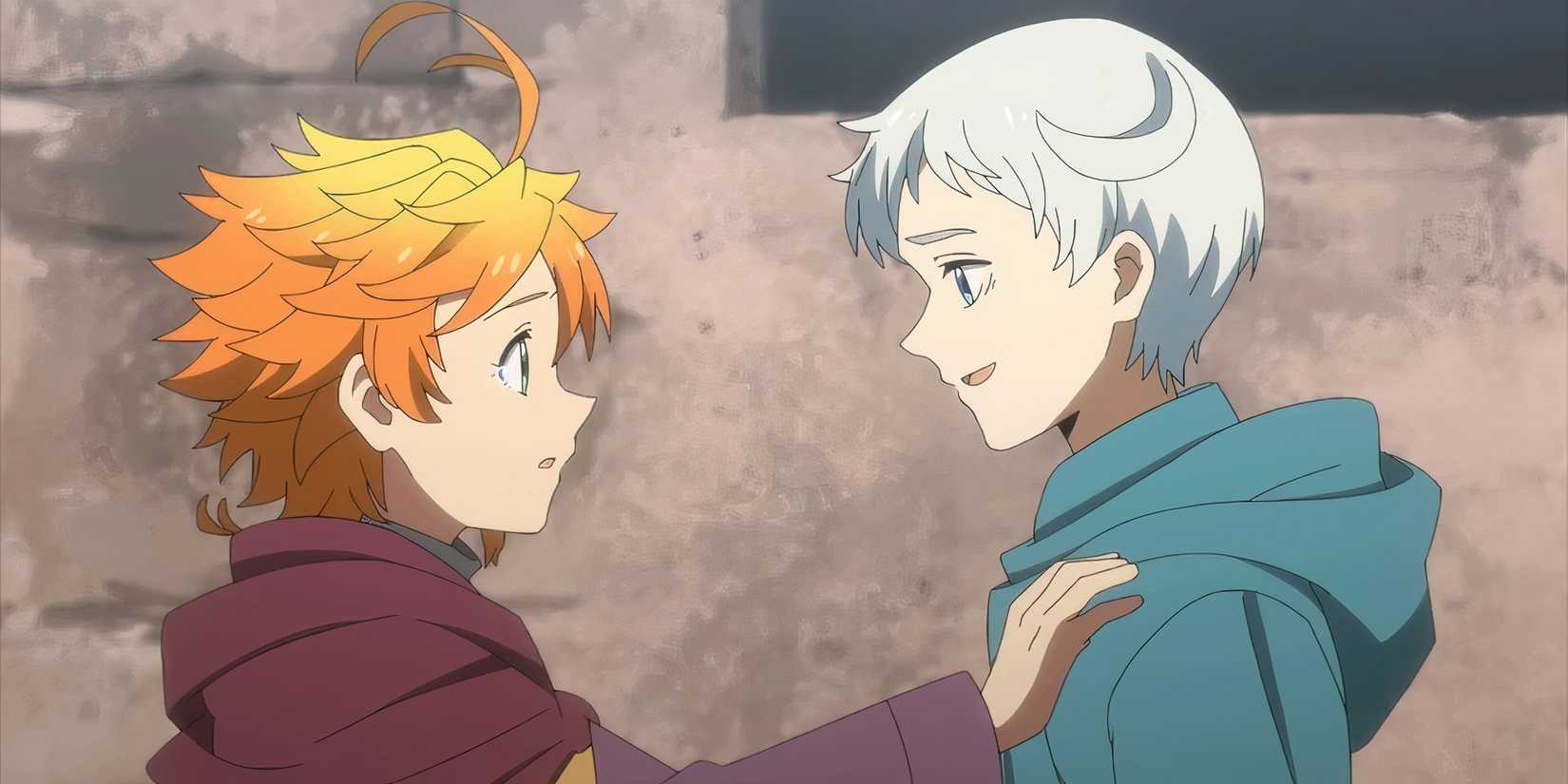 Emma et Norman se regardent avec les larmes aux yeux dans The Promised Neverland Saison 2