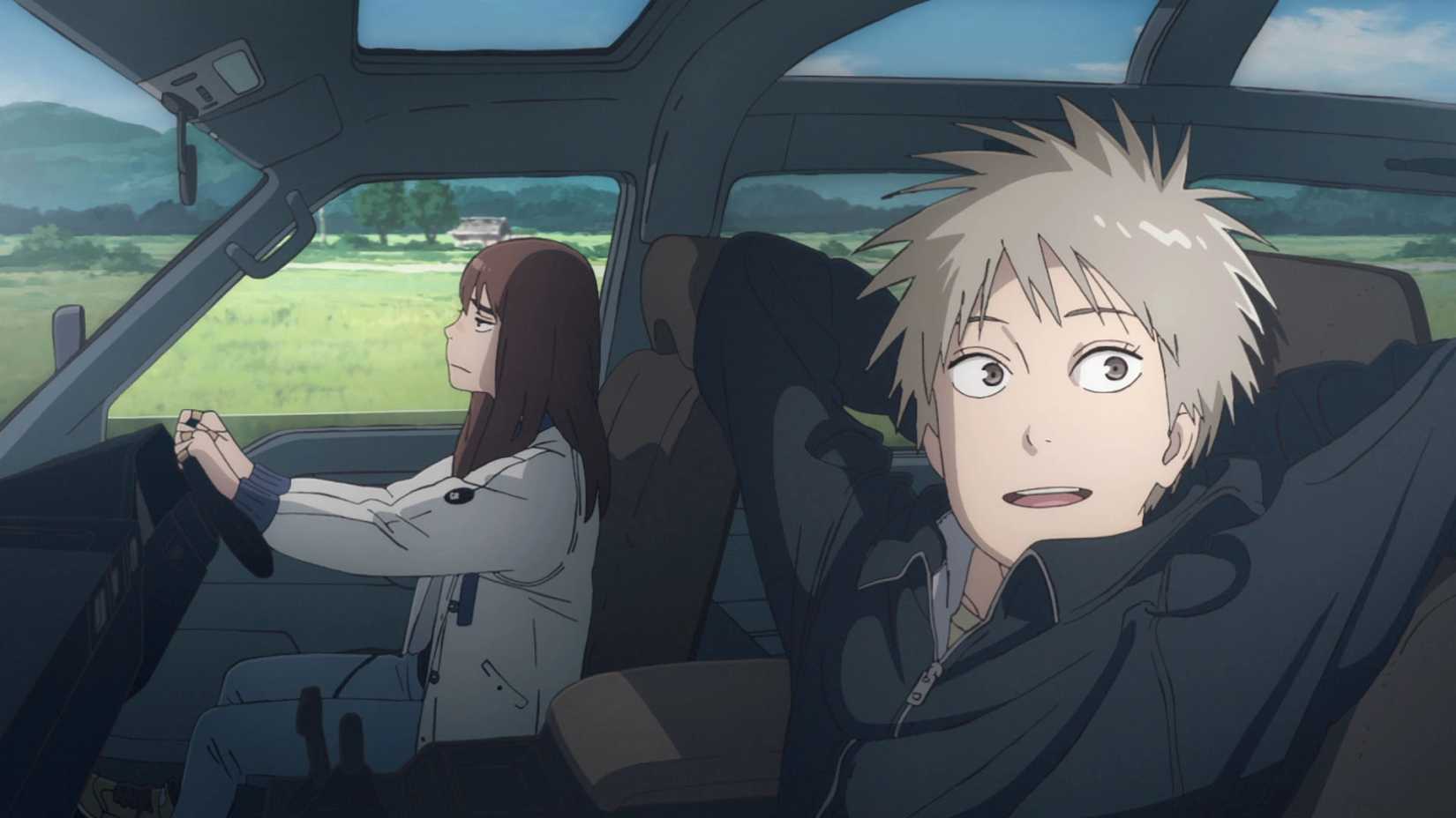 Kiruko and Maru riding in a car together in the Heavenly Delusion anime