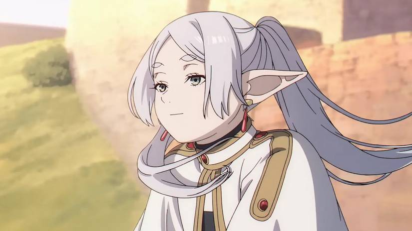 Frieren smiling as the wind blows through her hair